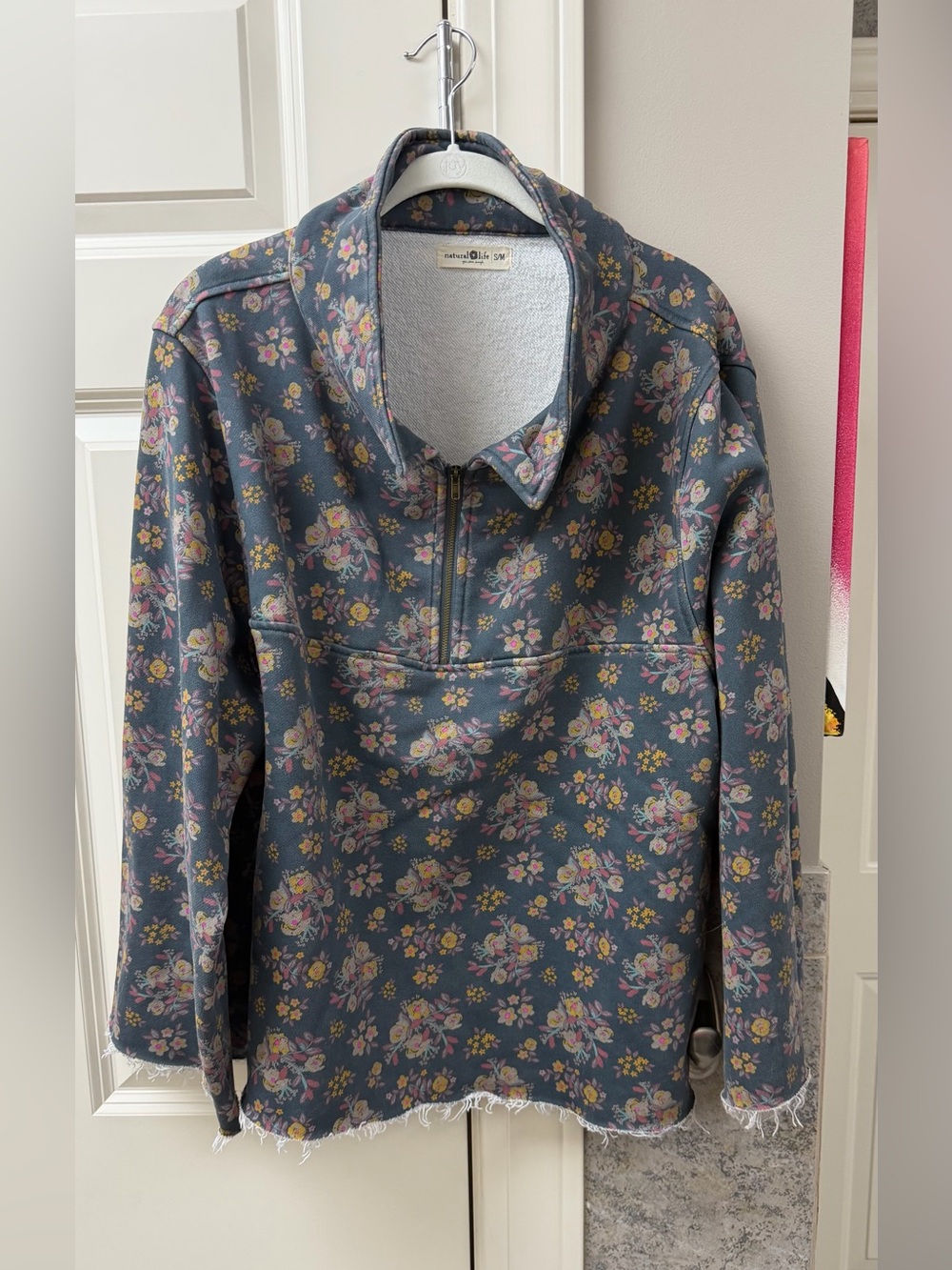 NATURAL LIFE Floral Pullover Hoodie in Slate Gray with Pink & Yellow Accents